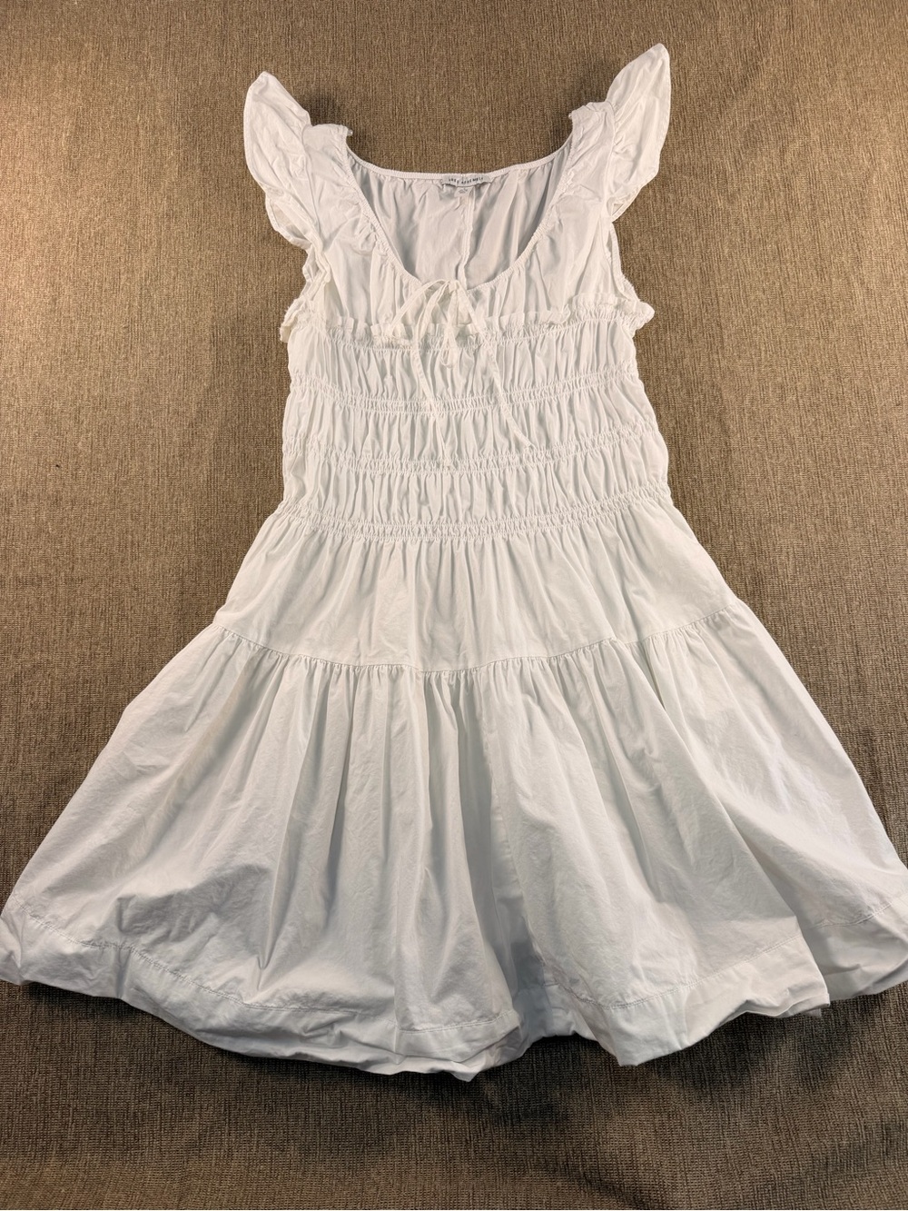 Free Assembly White Smocked Tiered Mini Dress | Flutter Sleeve Cottagecore S
